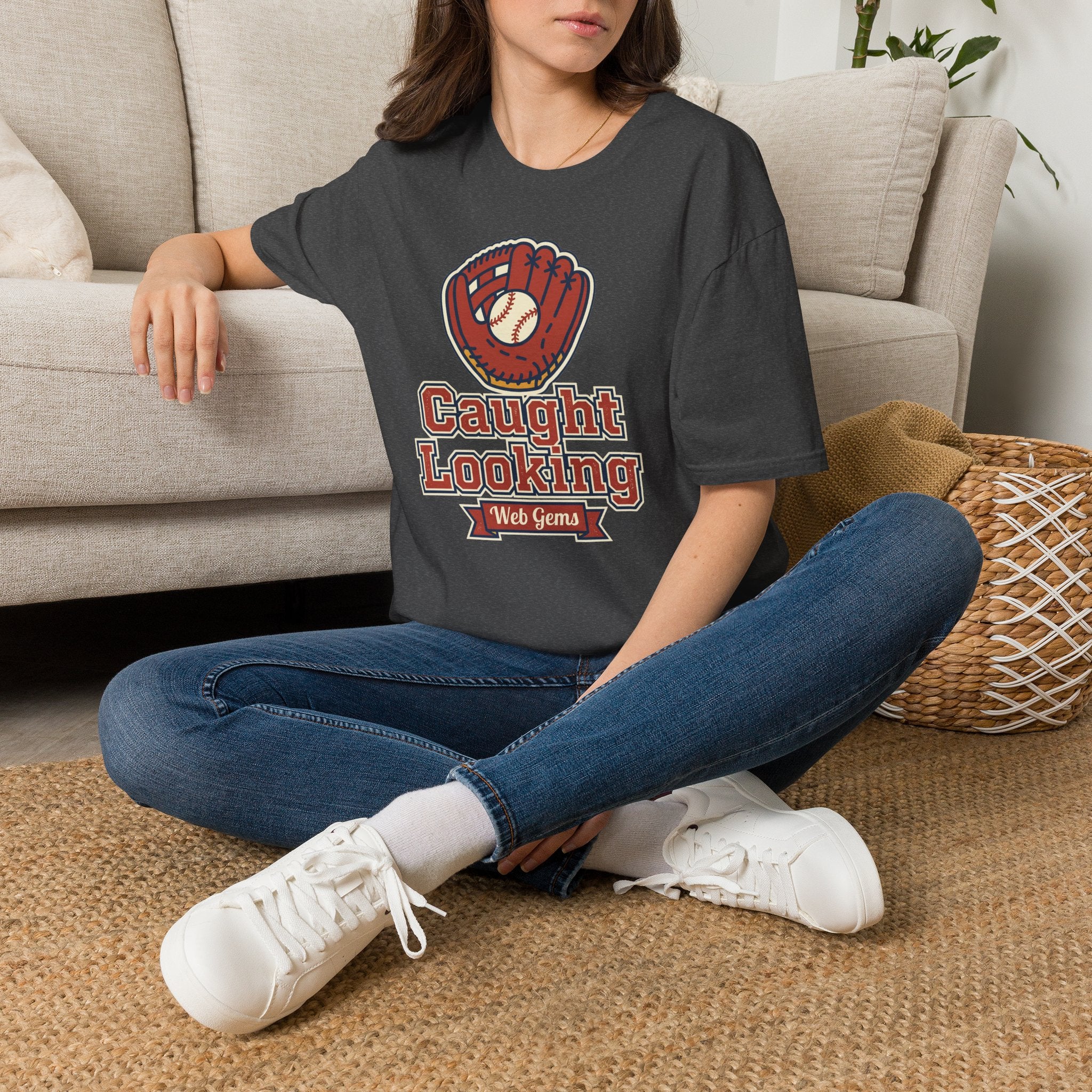 Dark gray baseball T-shirt with vintage glove “Caught Looking” graphic
