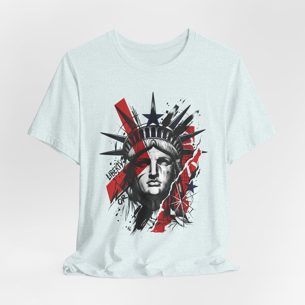 Light blue graphic T-shirt front view with Statue of Liberty face print in red and black