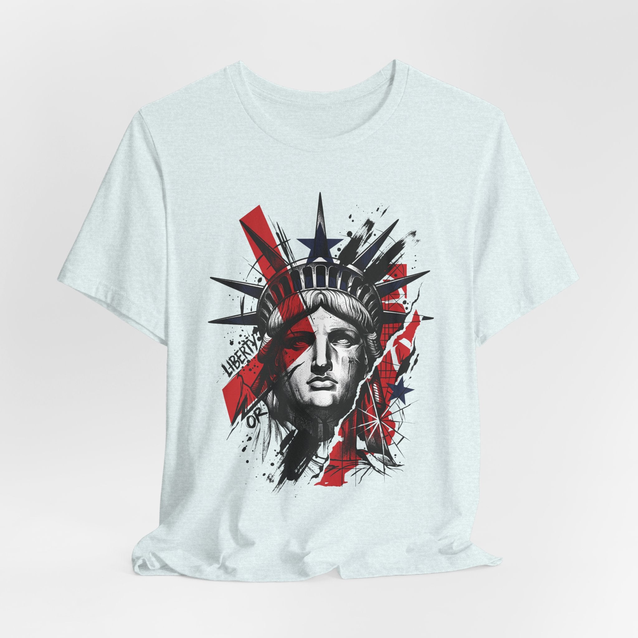 Light blue graphic T-shirt front view with Statue of Liberty face print in red and black