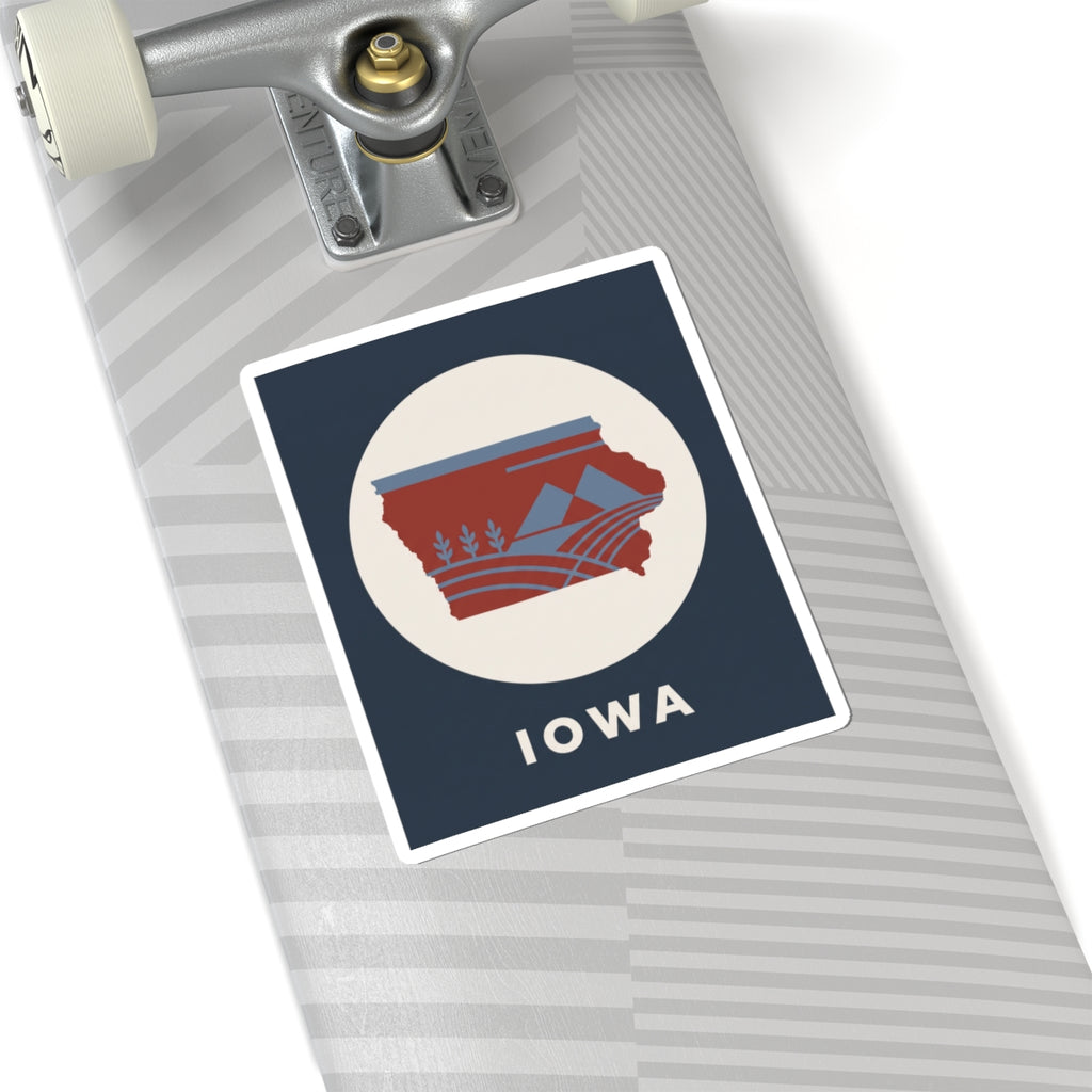 Square kiss-cut sticker showing red Iowa state map with blue stripes and "IOWA"