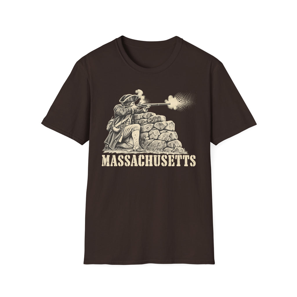 Brown T-shirt with front colonial patriot graphic behind stone wall and “Massachusetts”