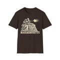 Brown T-shirt with front colonial patriot graphic behind stone wall and “Massachusetts”
