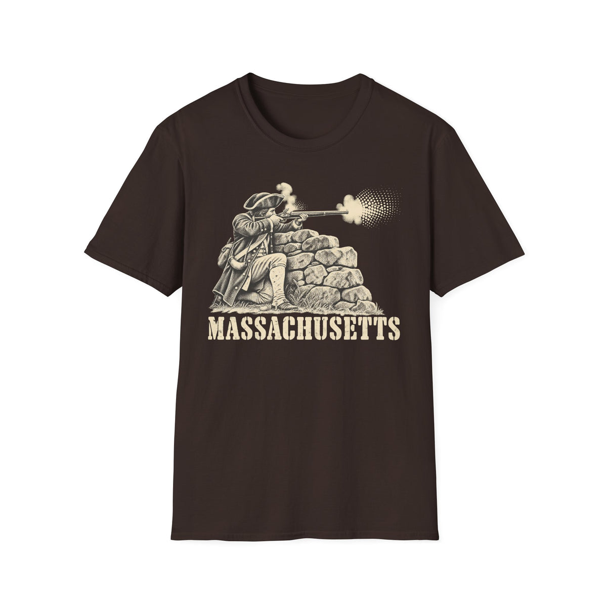 Brown T-shirt with front colonial patriot graphic behind stone wall and “Massachusetts”