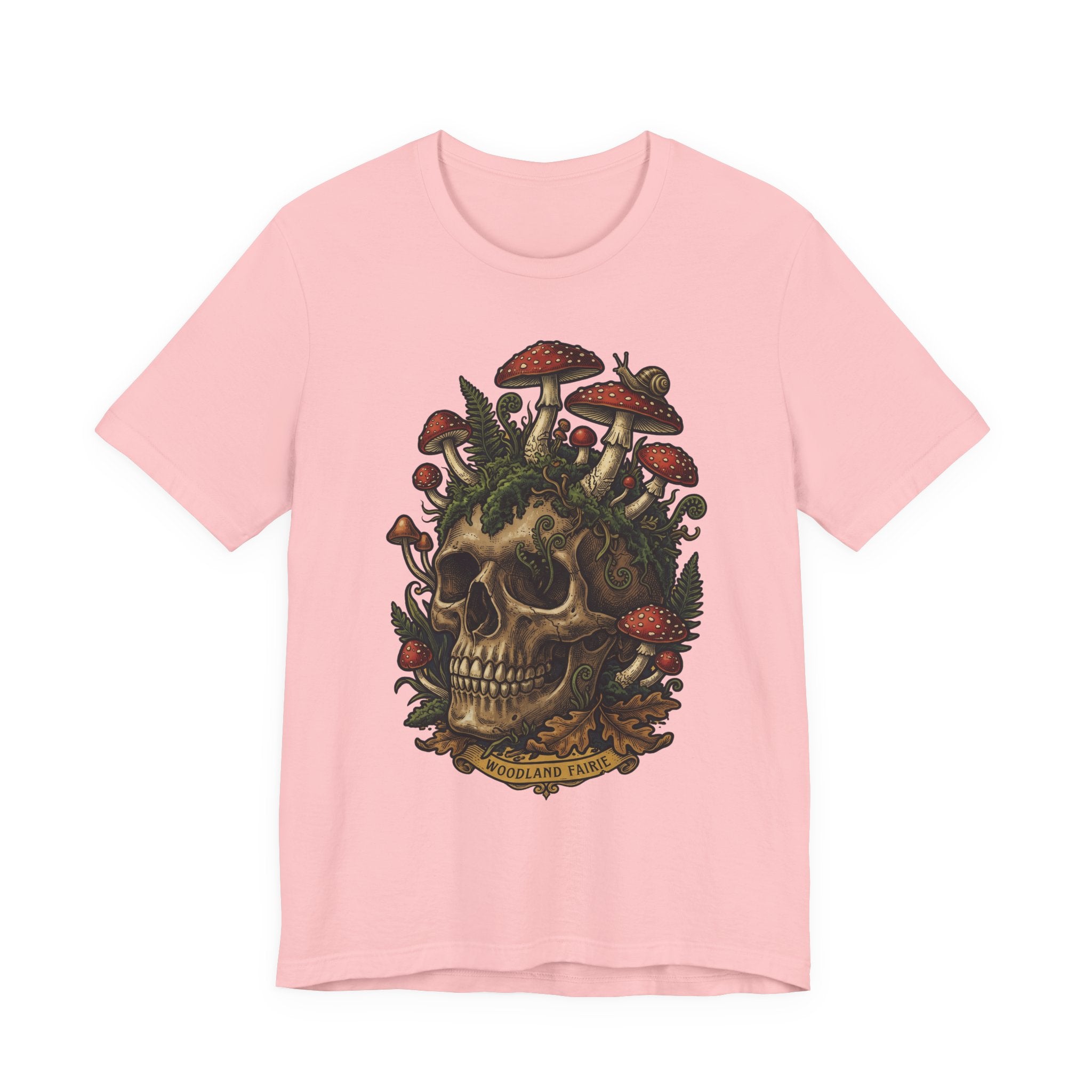 Mushroom skull T-shirt in Heather Peach with dark botanical skull graphic on front