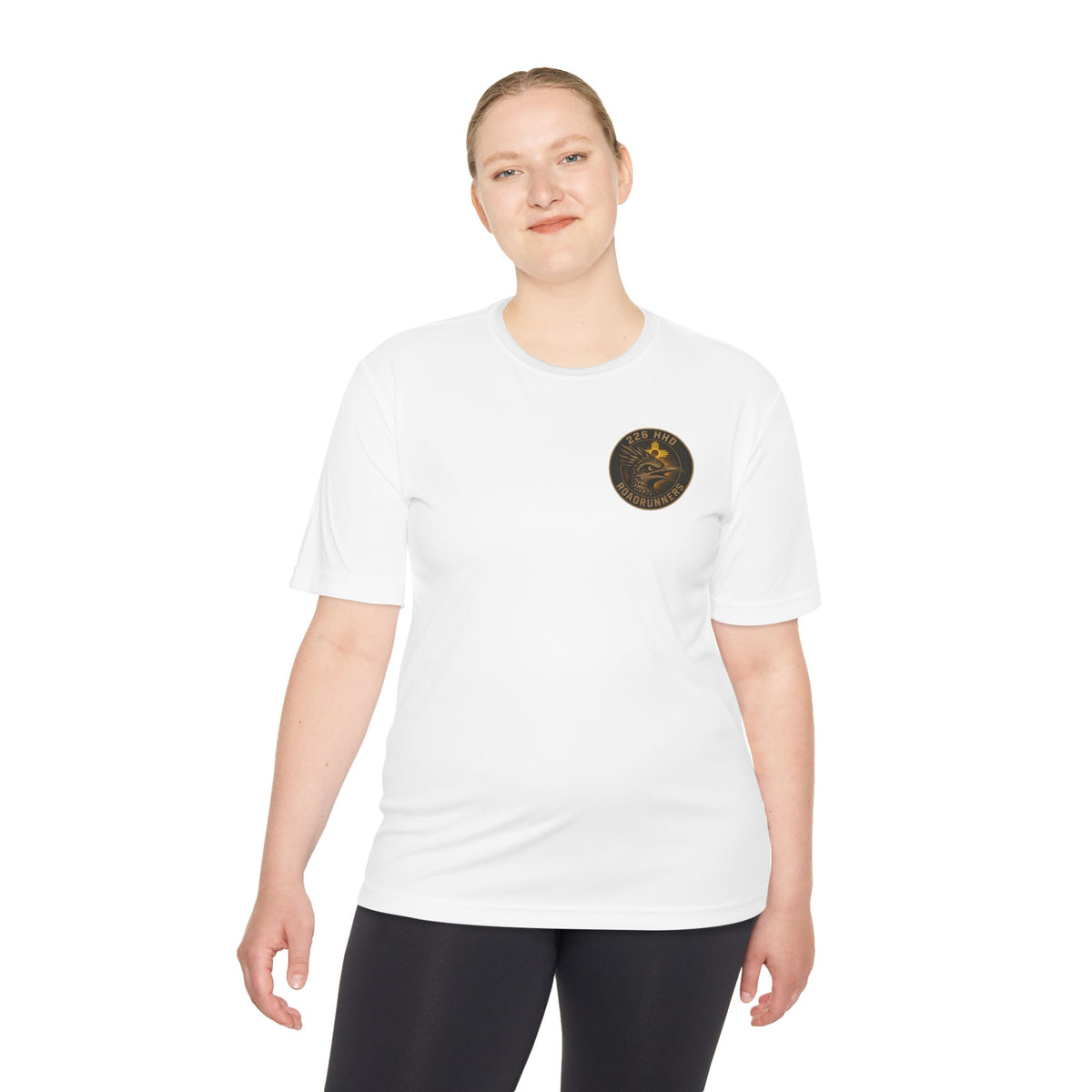 White polyester T-shirt worn by model with small round front logo badge