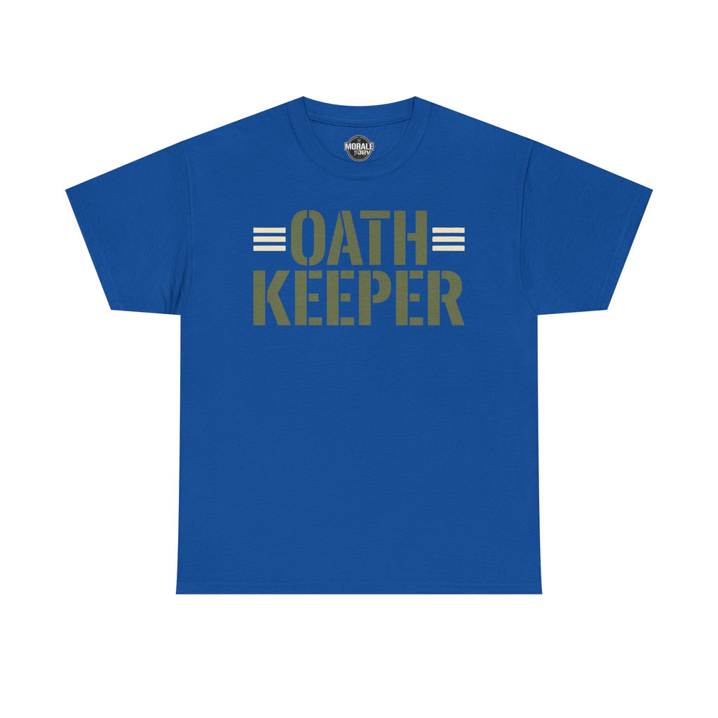 Royal blue T-shirt with crew neck and large "OATH KEEPER" front graphic print