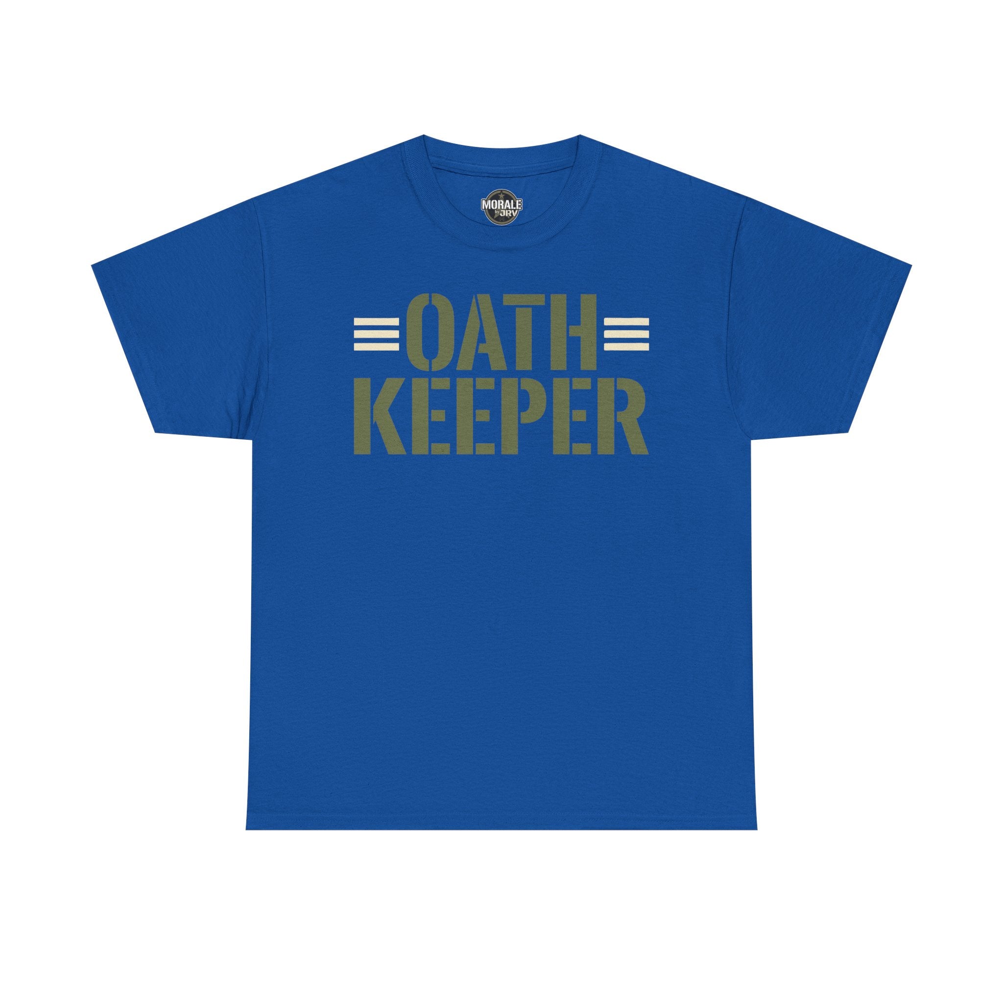 Royal blue T-shirt with crew neck and large "OATH KEEPER" front graphic print