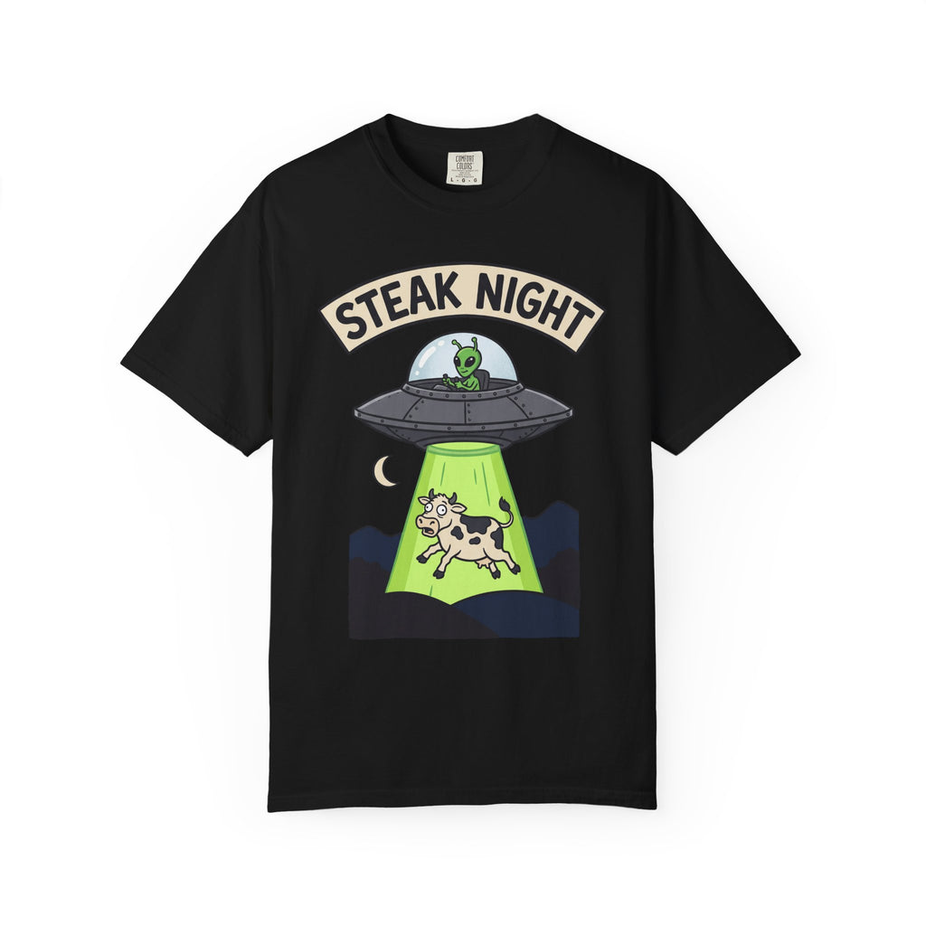 Black T-shirt front with Steak Night alien UFO and cow graphic
