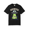 Black T-shirt front with Steak Night alien UFO and cow graphic