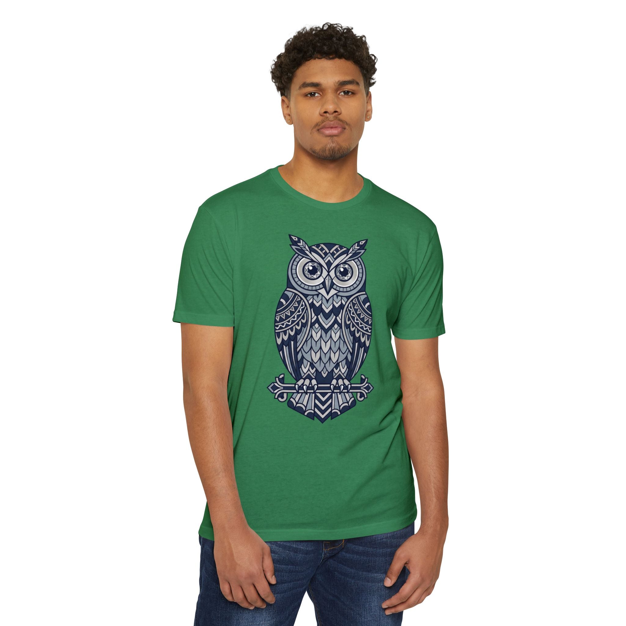 Crewneck T-shirt, green with navy owl graphic on the front