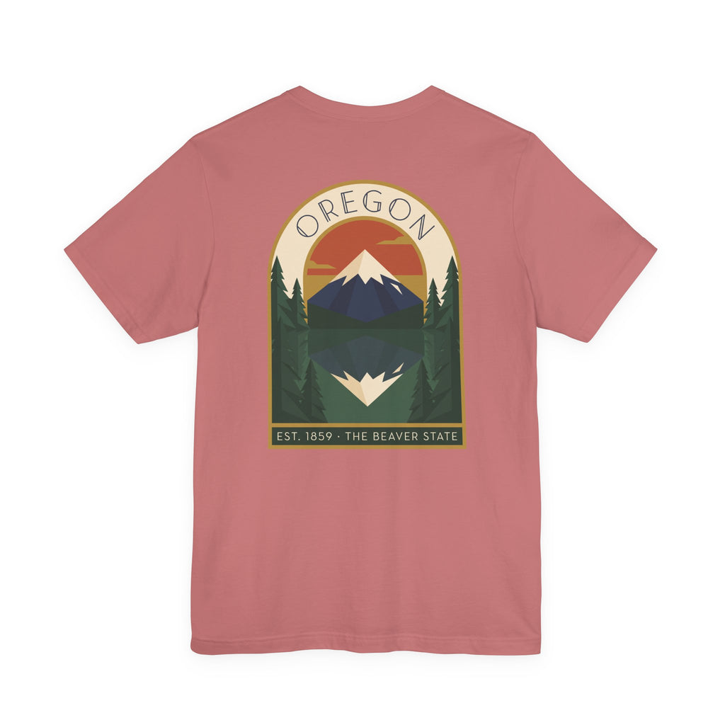 Dusty rose crewneck T-shirt with large centered Oregon graphic print