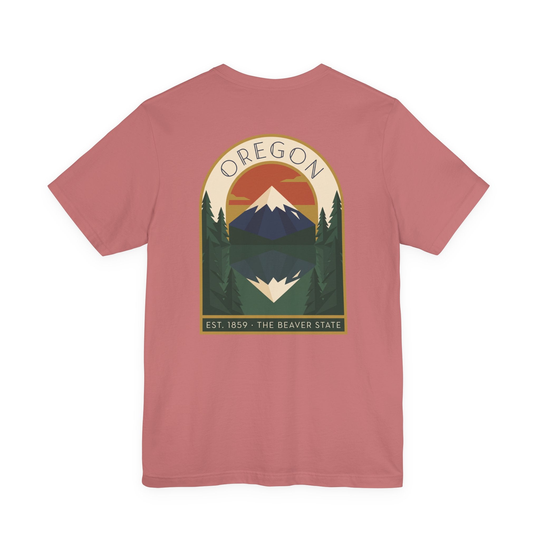 Dusty rose crewneck T-shirt with large centered Oregon graphic print