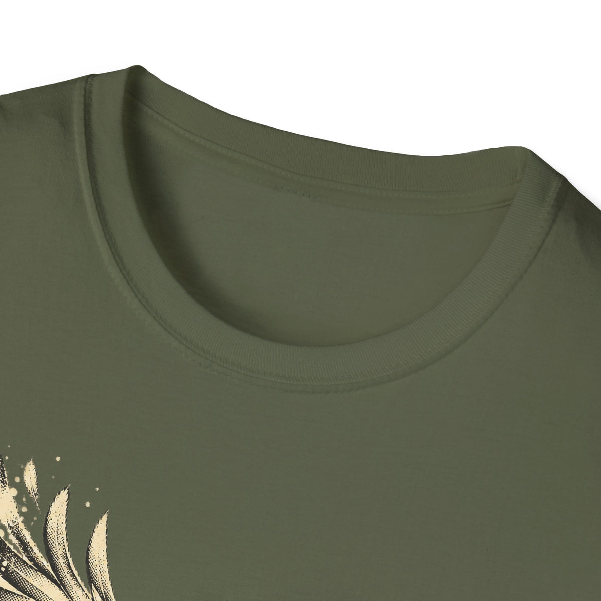 Olive green crewneck t-shirt close-up of neckline and collar seam