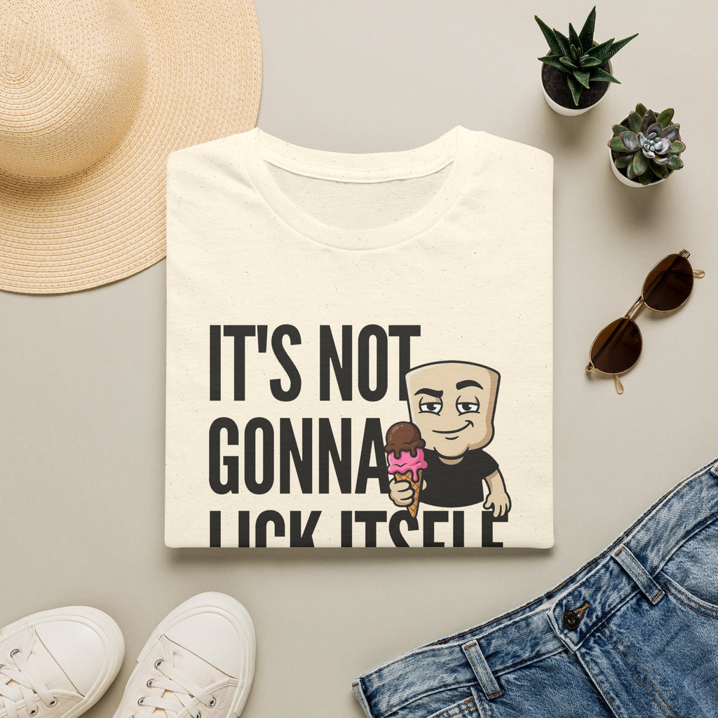 White T-shirt with 'IT'S NOT GONNA' text and cartoon ice cream character.
