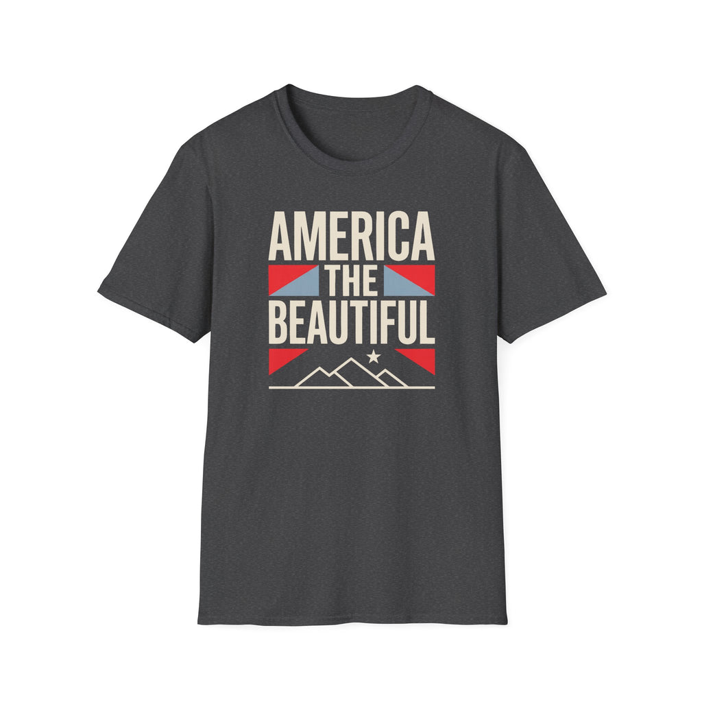 Dark gray crewneck T-shirt with “AMERICA THE BEAUTIFUL” graphic and flag design.