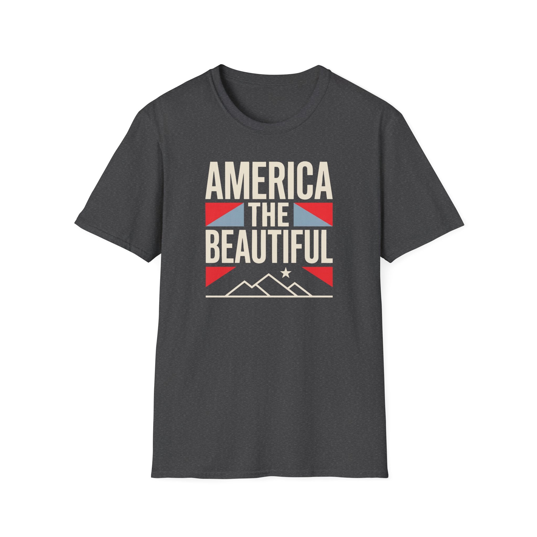 Dark gray crewneck T-shirt with “AMERICA THE BEAUTIFUL” graphic and flag design.