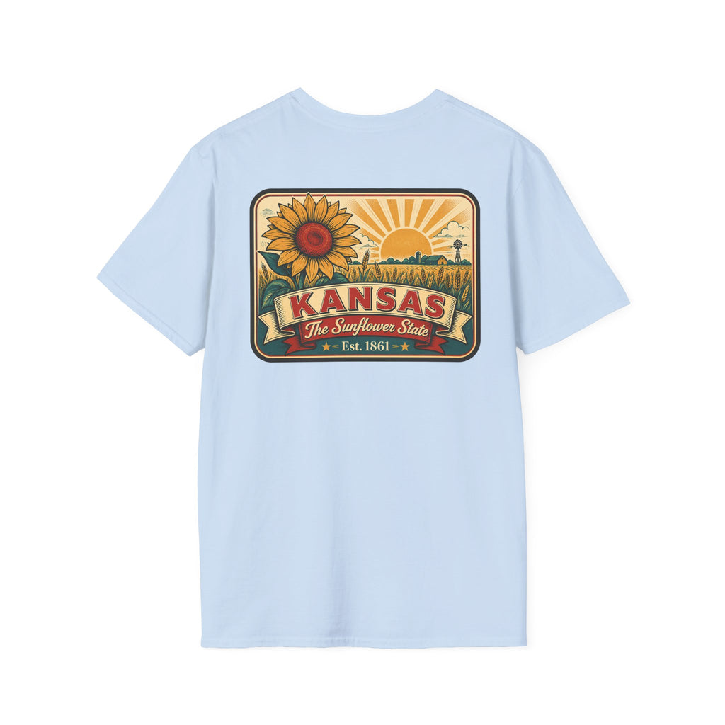 Kansas sunflower badge graphic T-shirt, light blue, crew neck short sleeves