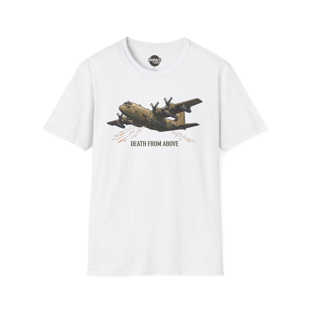 White C-130 cargo plane graphic T-shirt with “DEATH FROM ABOVE”