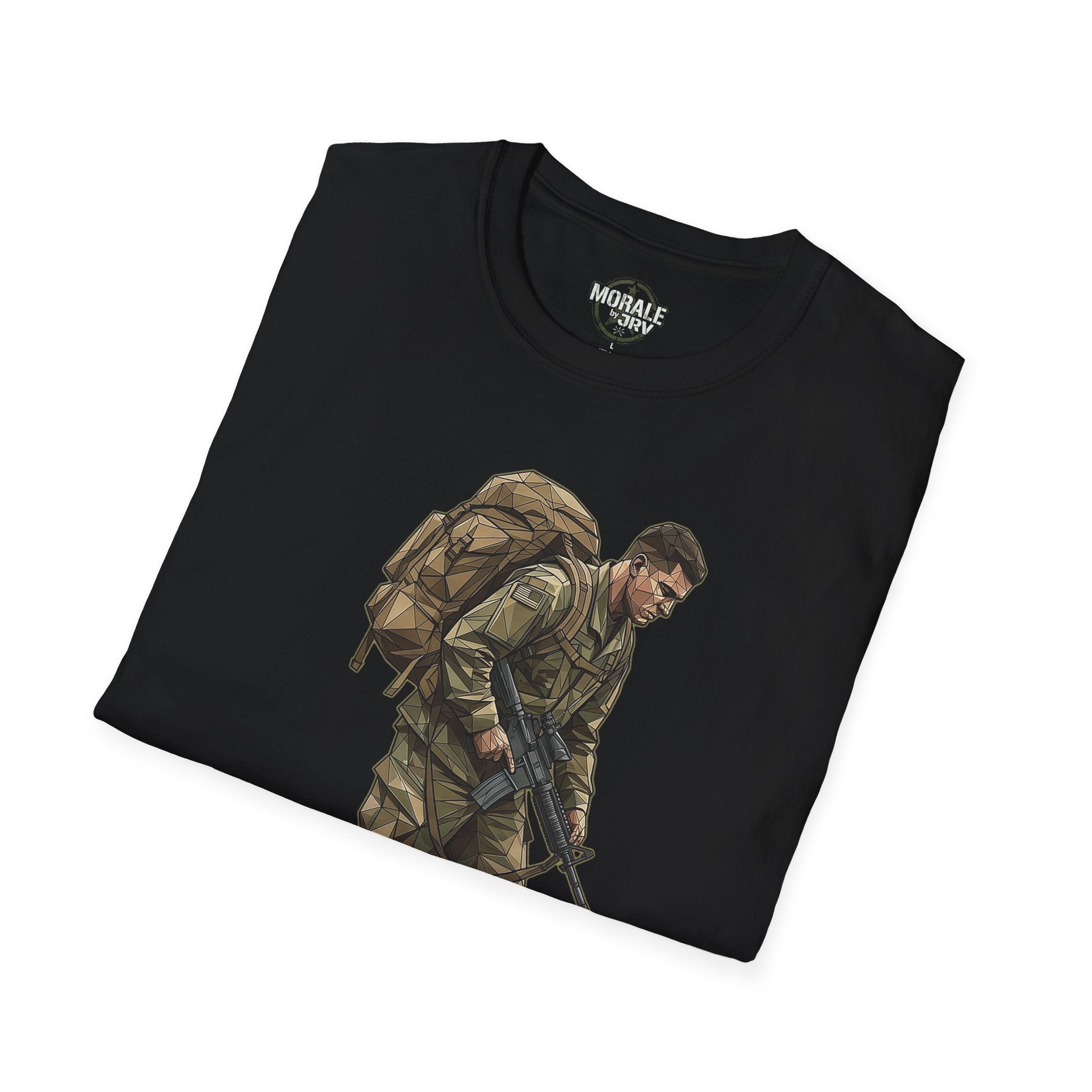 Schwarzes T-Shirt, diagonales Motiv mit Soldat und Ausrüstung