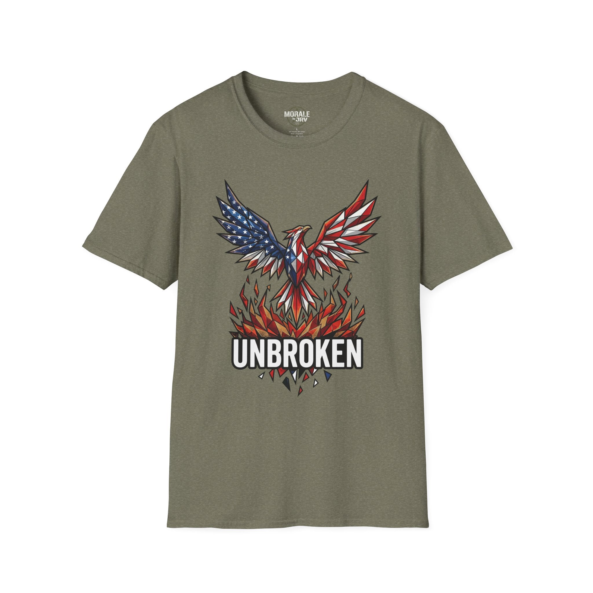 Military green T-shirt with "UNBROKEN" eagle phoenix graphic and star-spangled wings