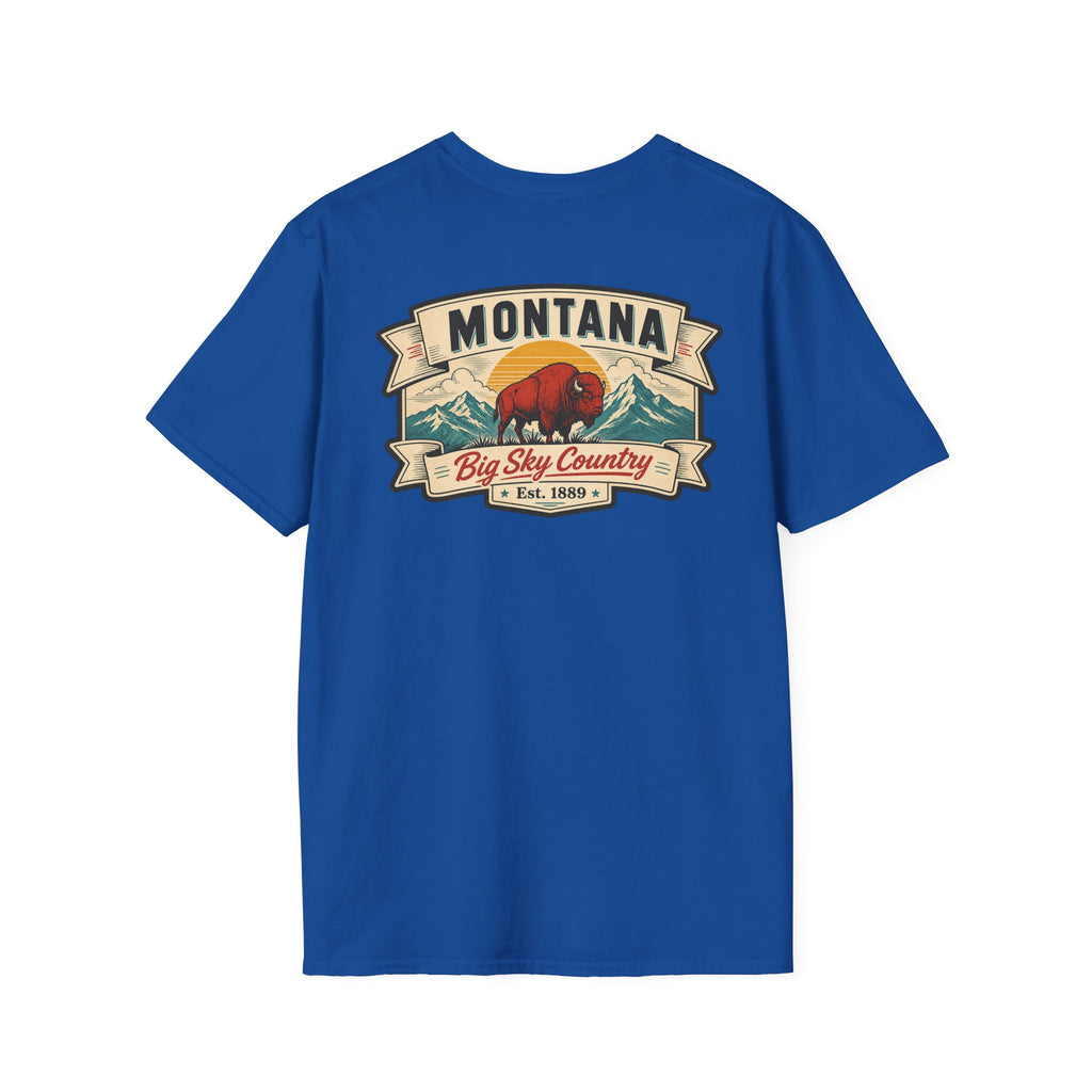 Royal blue Montana bison travel T-shirt with 'MONTANA' and 'Big Sky Country' graphic