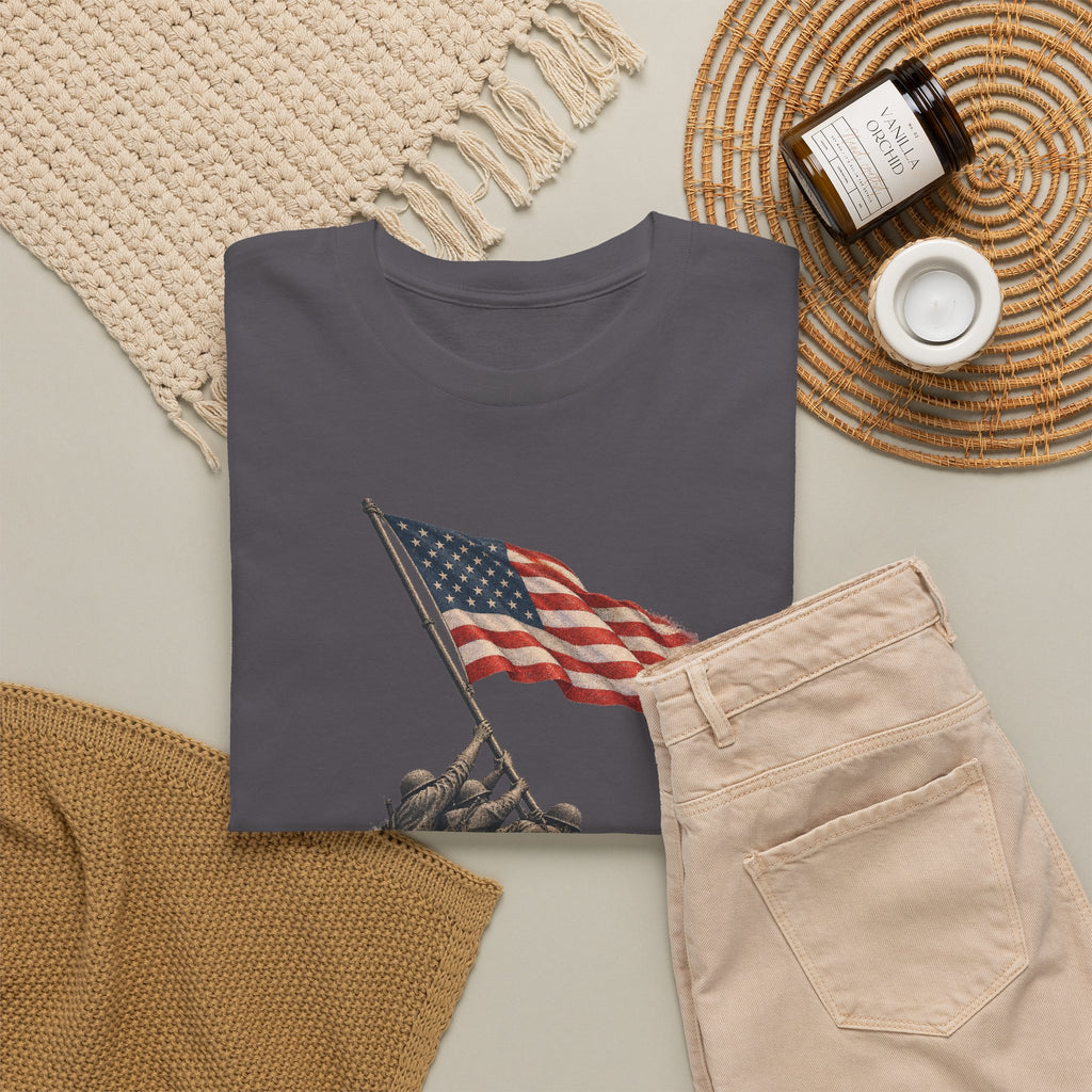 Dark gray T-shirt with U.S. flag on pole graphic across the front