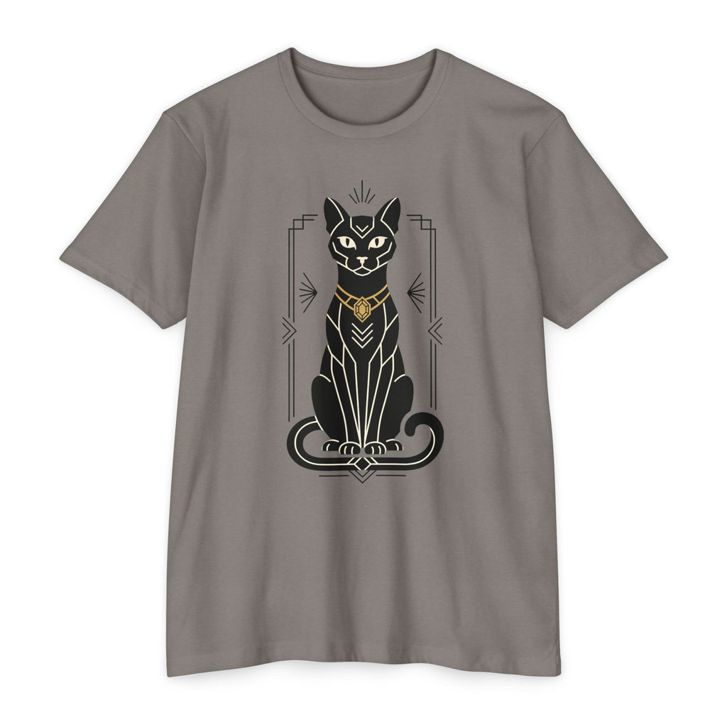 Gray unisex t-shirt with black Egyptian cat illustration graphic