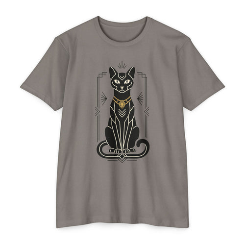 Gray unisex t-shirt with black Egyptian cat illustration graphic