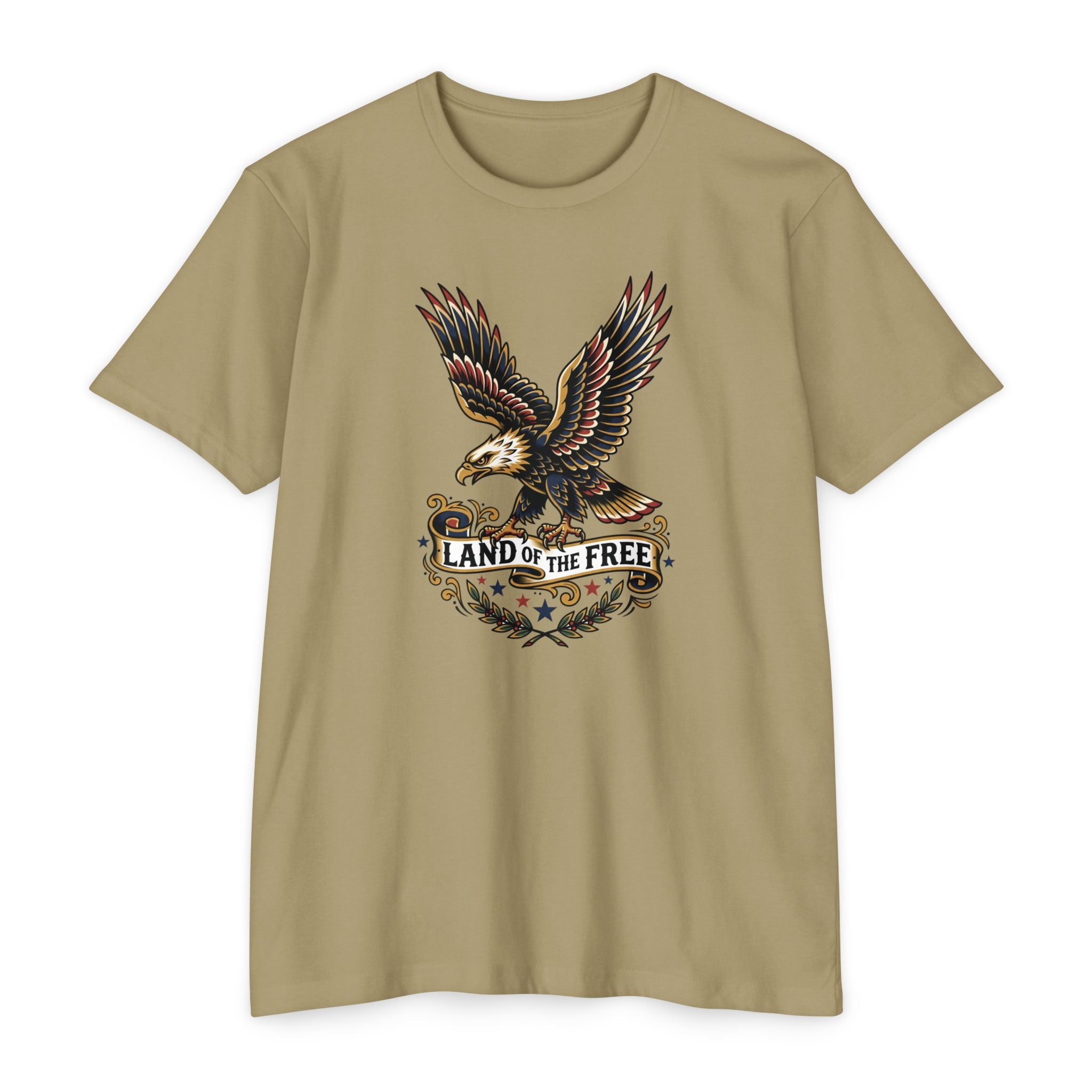 Tan T-shirt with multicolor eagle graphic and “LAND OF THE FREE” text