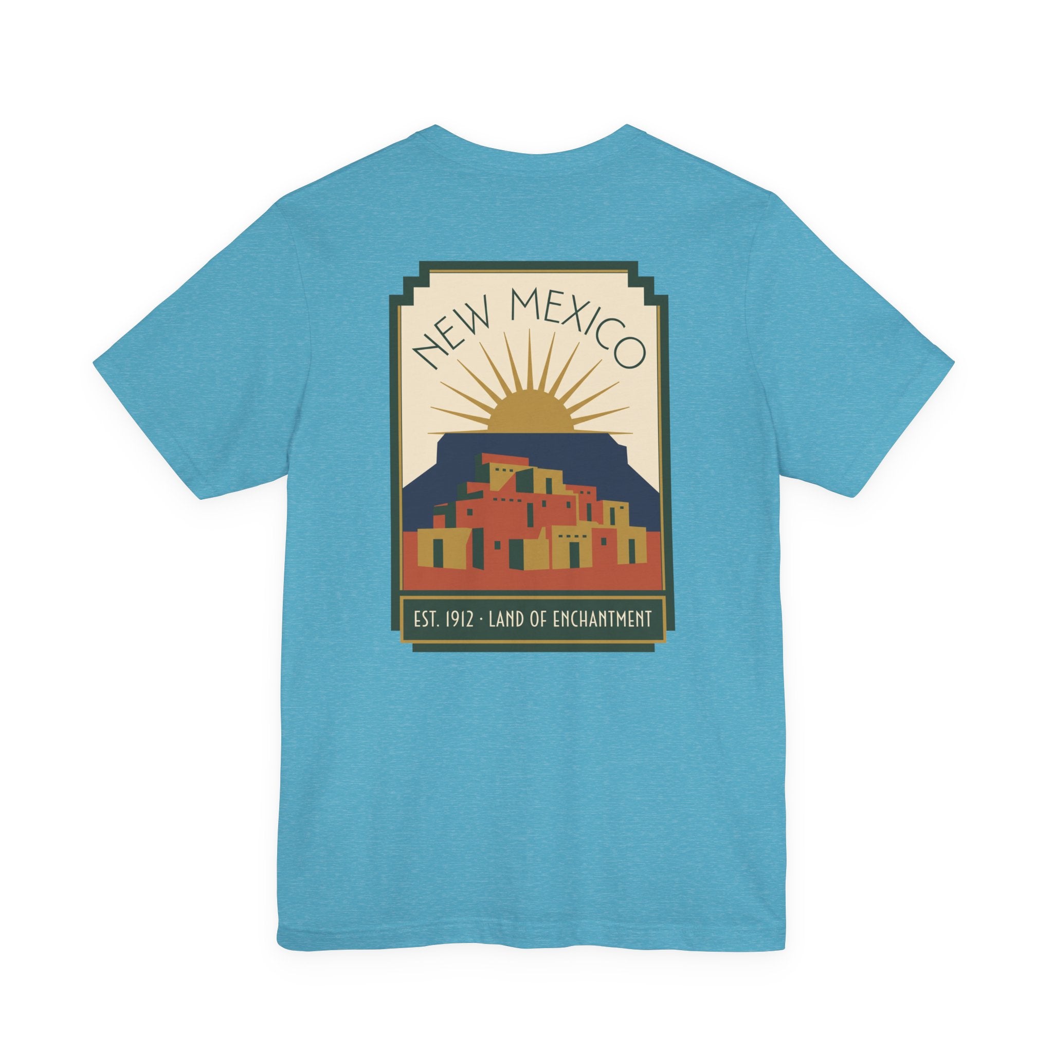 Light aqua T-shirt with New Mexico sunset Pueblo art graphic in a square frame