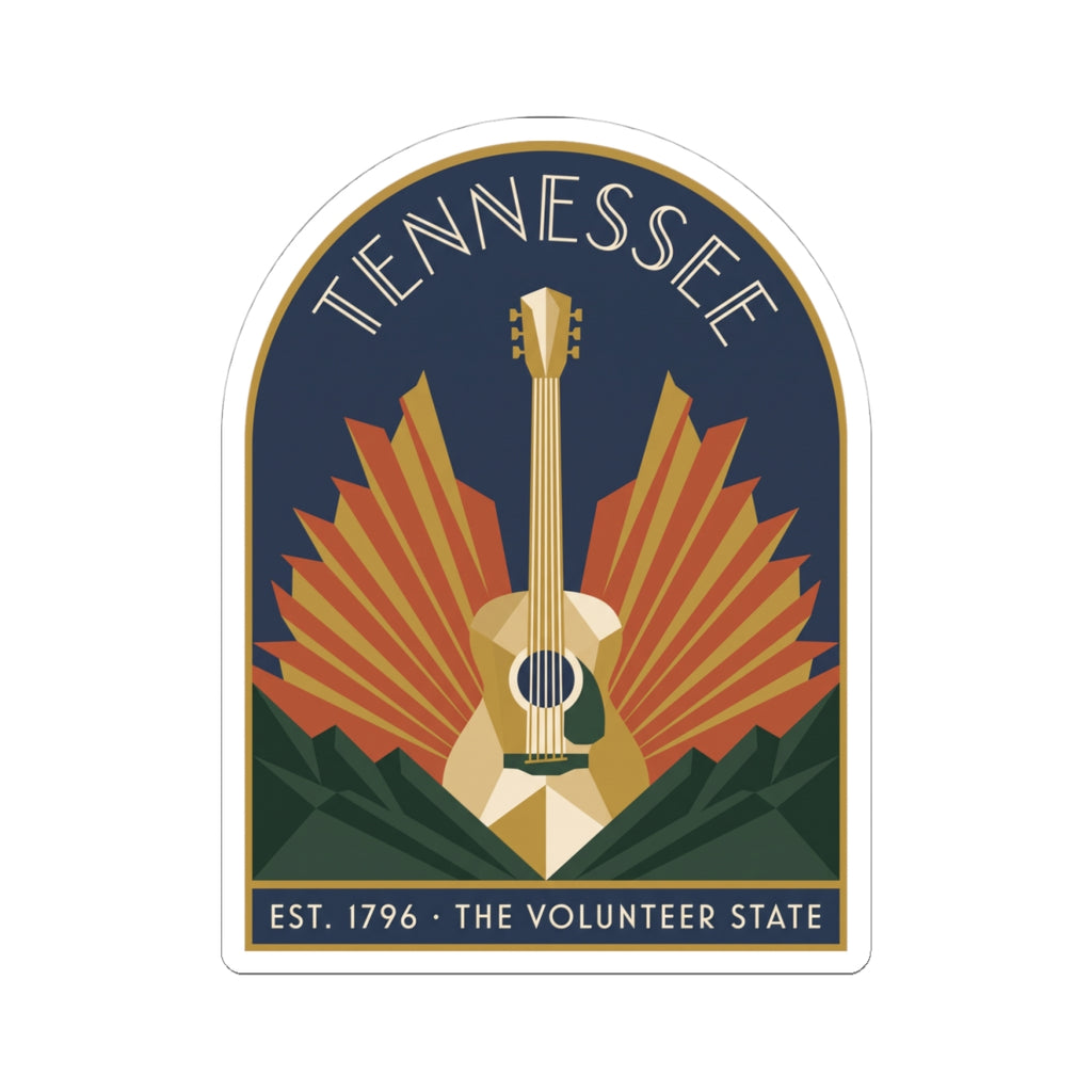 Full arched Tennessee guitar badge sticker with “THE VOLUNTEER STATE” ribbon text