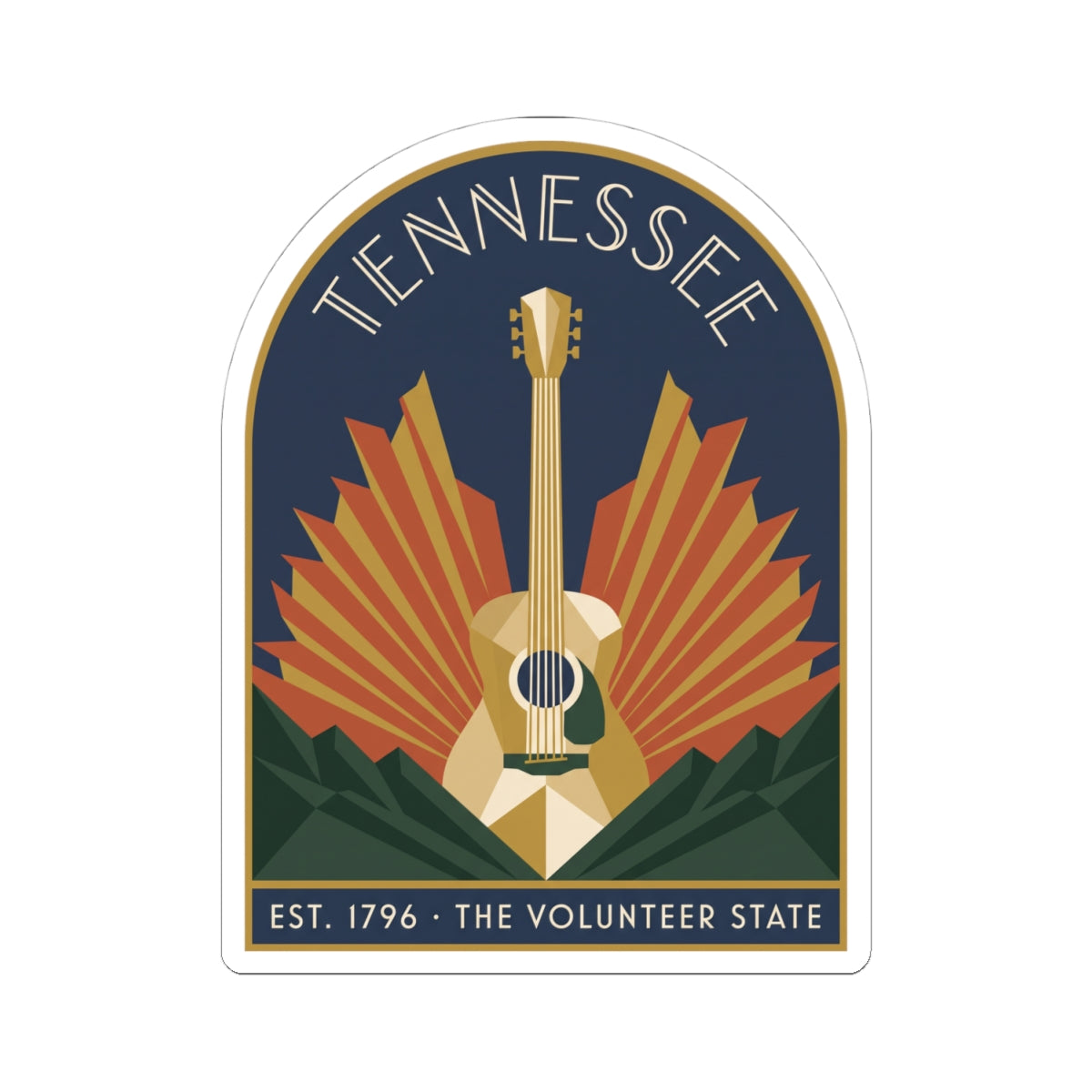 Full arched Tennessee guitar badge sticker with “THE VOLUNTEER STATE” ribbon text