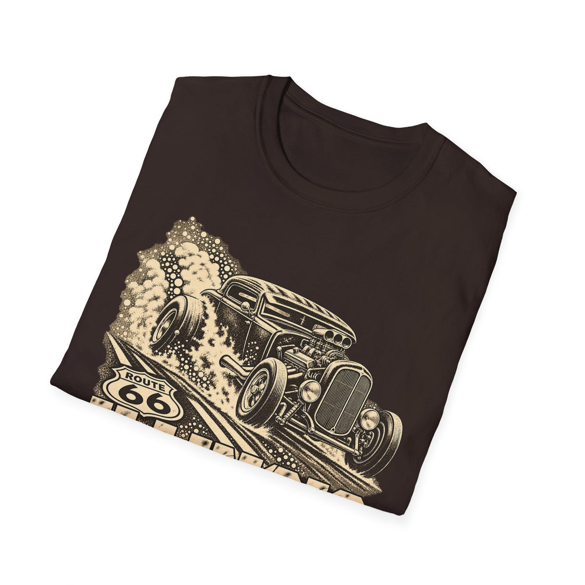 Dark brown short-sleeve T-shirt with vintage hot rod graphic on the front