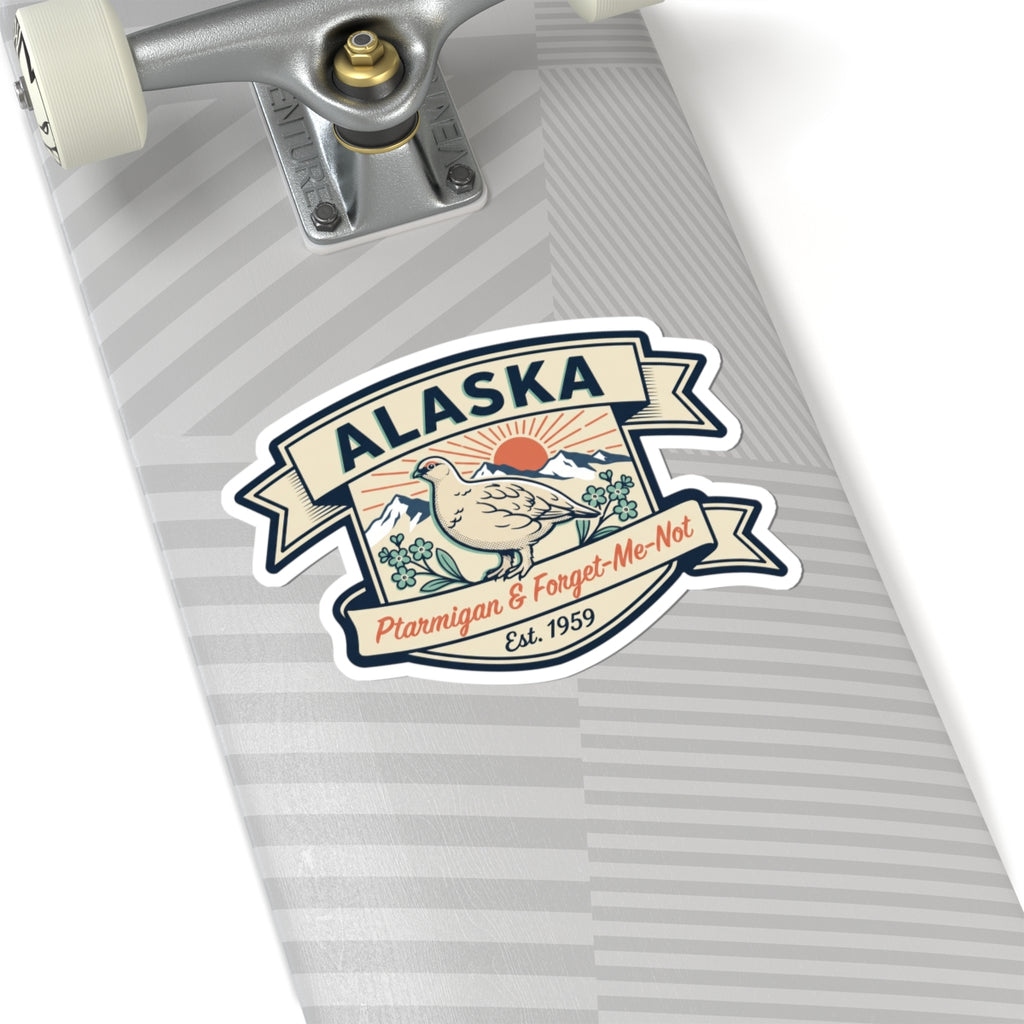 Die-cut Alaska badge sticker on a striped label with ptarmigan bird and Est. 1959