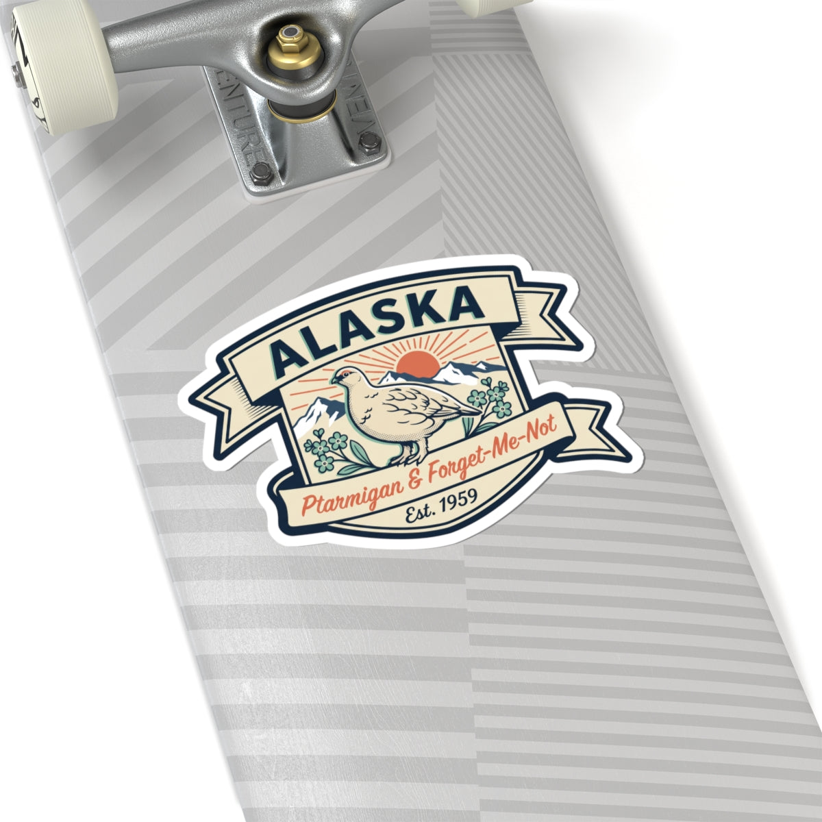 Die-cut Alaska badge sticker on a striped label with ptarmigan bird and Est. 1959