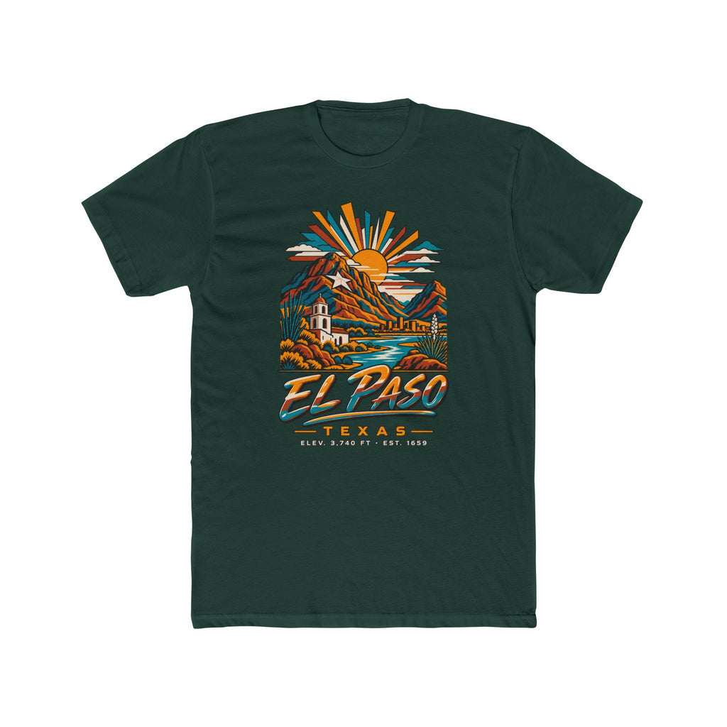 Dark green T-shirt with vintage desert mountains, sun rays, and El Paso Texas graphic