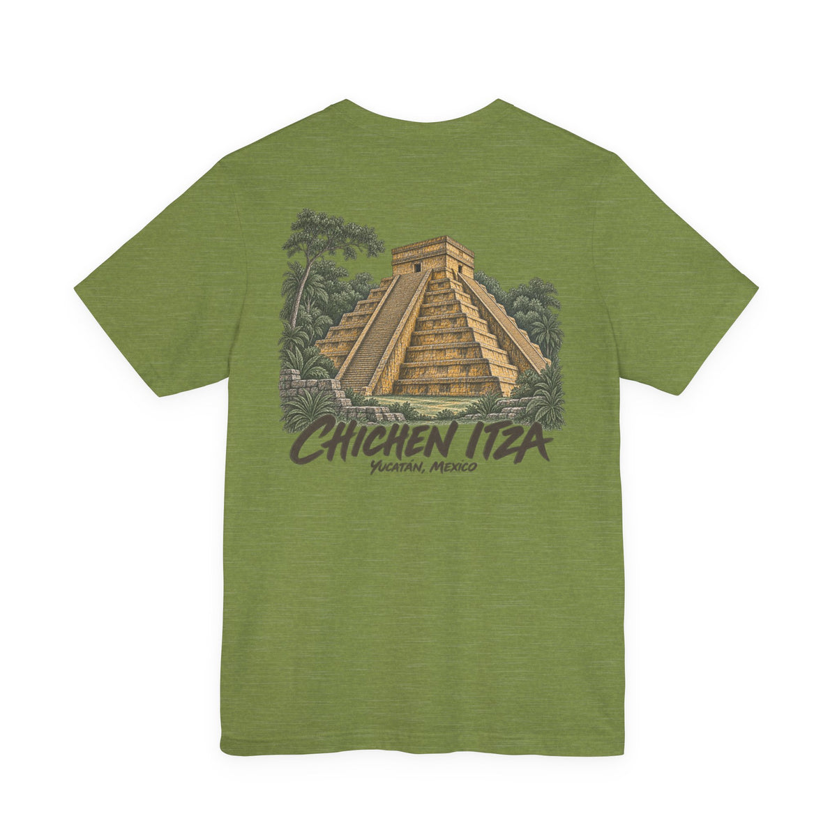 Travel t-shirt, olive green, front pyramid graphic with vintage Chichen Itza print