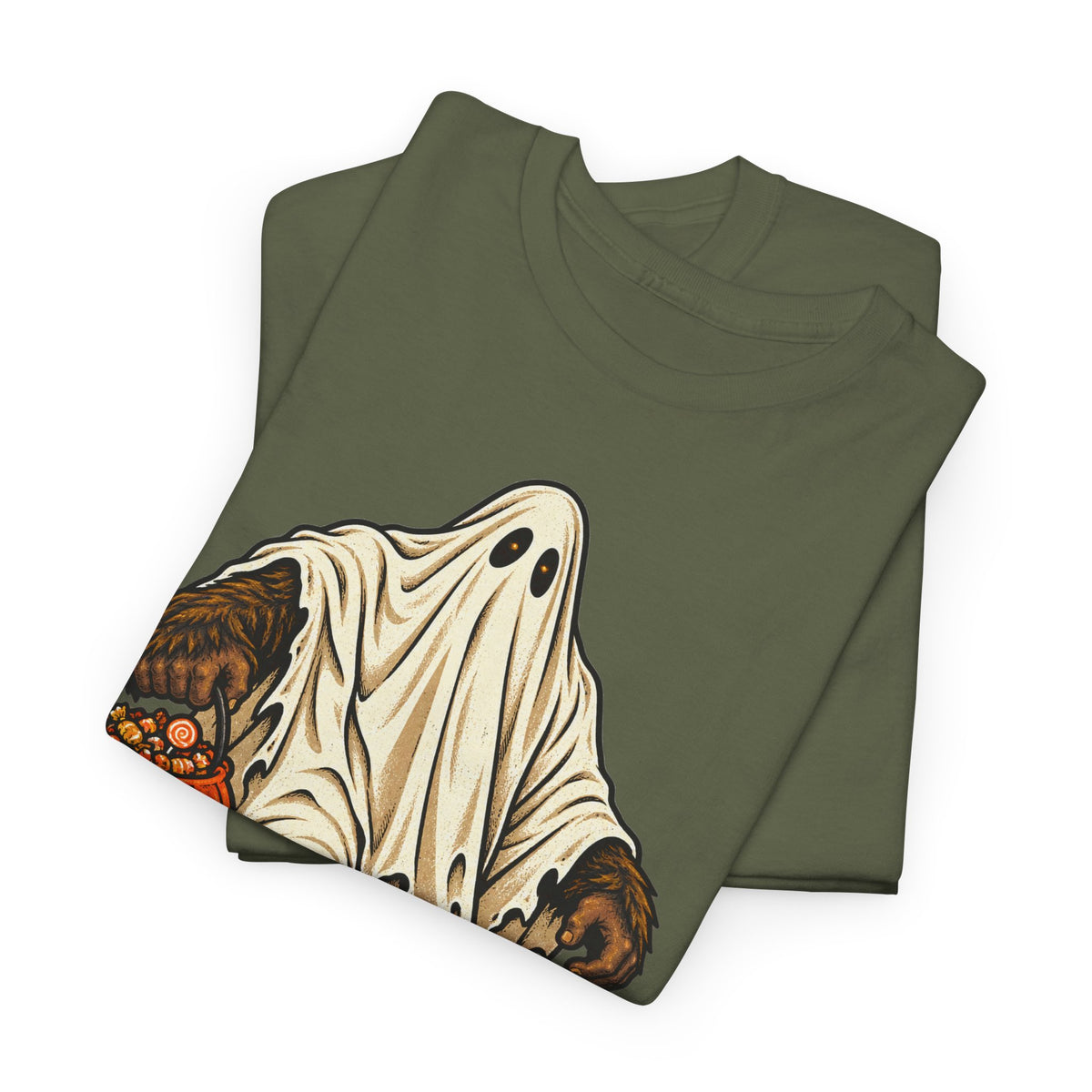 Dark green Halloween graphic T-shirt with retro pumpkin candy print.