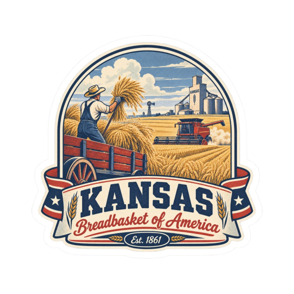Kansas vintage farming sticker with circular farm scene, stars, and “Est. 1861” ribbon