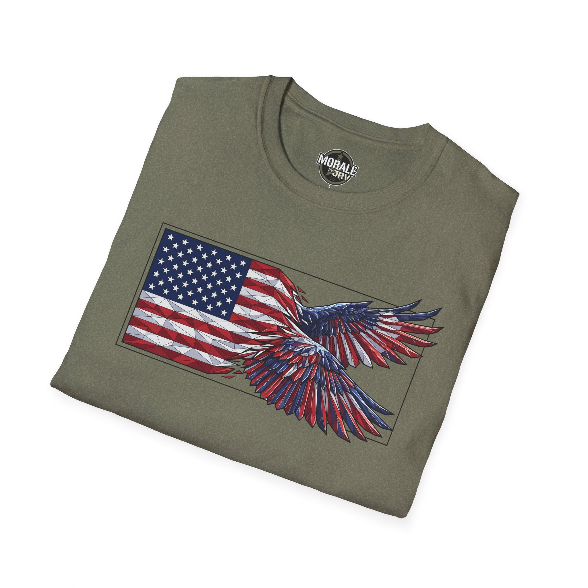 Olive T-shirt with eagle-and-flag graphic on the front; crew neck