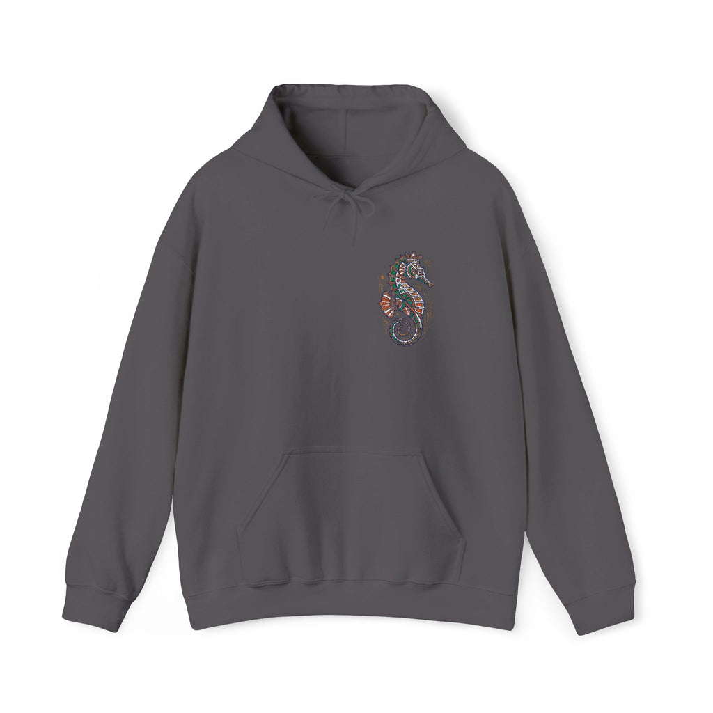 Dark heather gray hoodie with seahorse graphic on chest and front kangaroo pocket