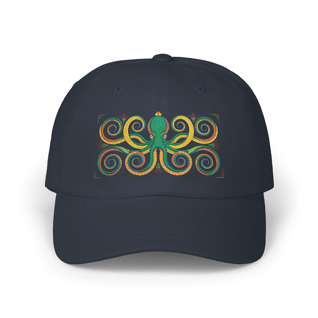 Navy dad cap with multicolor octopus swirl embroidery on the front panel