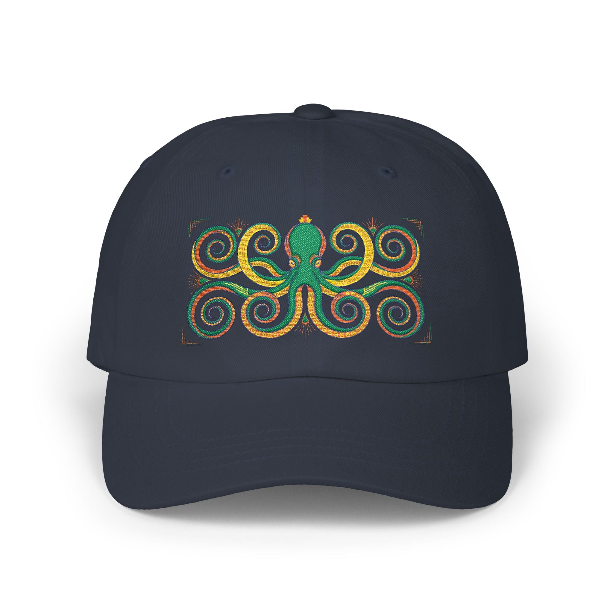 Navy dad cap with multicolor octopus swirl embroidery on the front panel