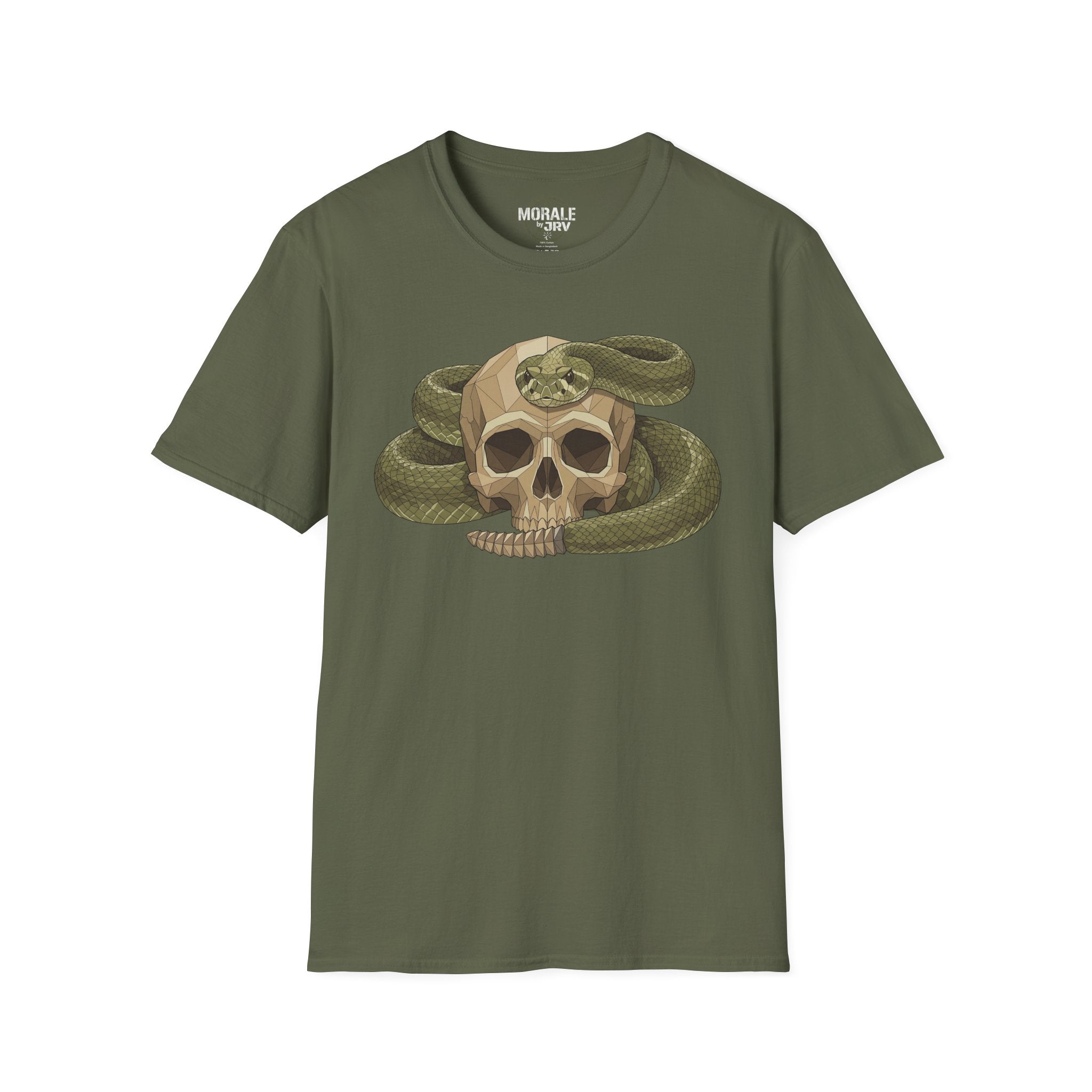 Camiseta verde militar con calavera de serpiente verde envuelta y estampado botánico vintage