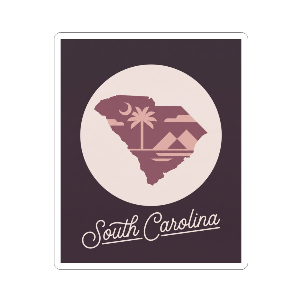 South Carolina silhouette kiss-cut decal with palm tree and cursive script