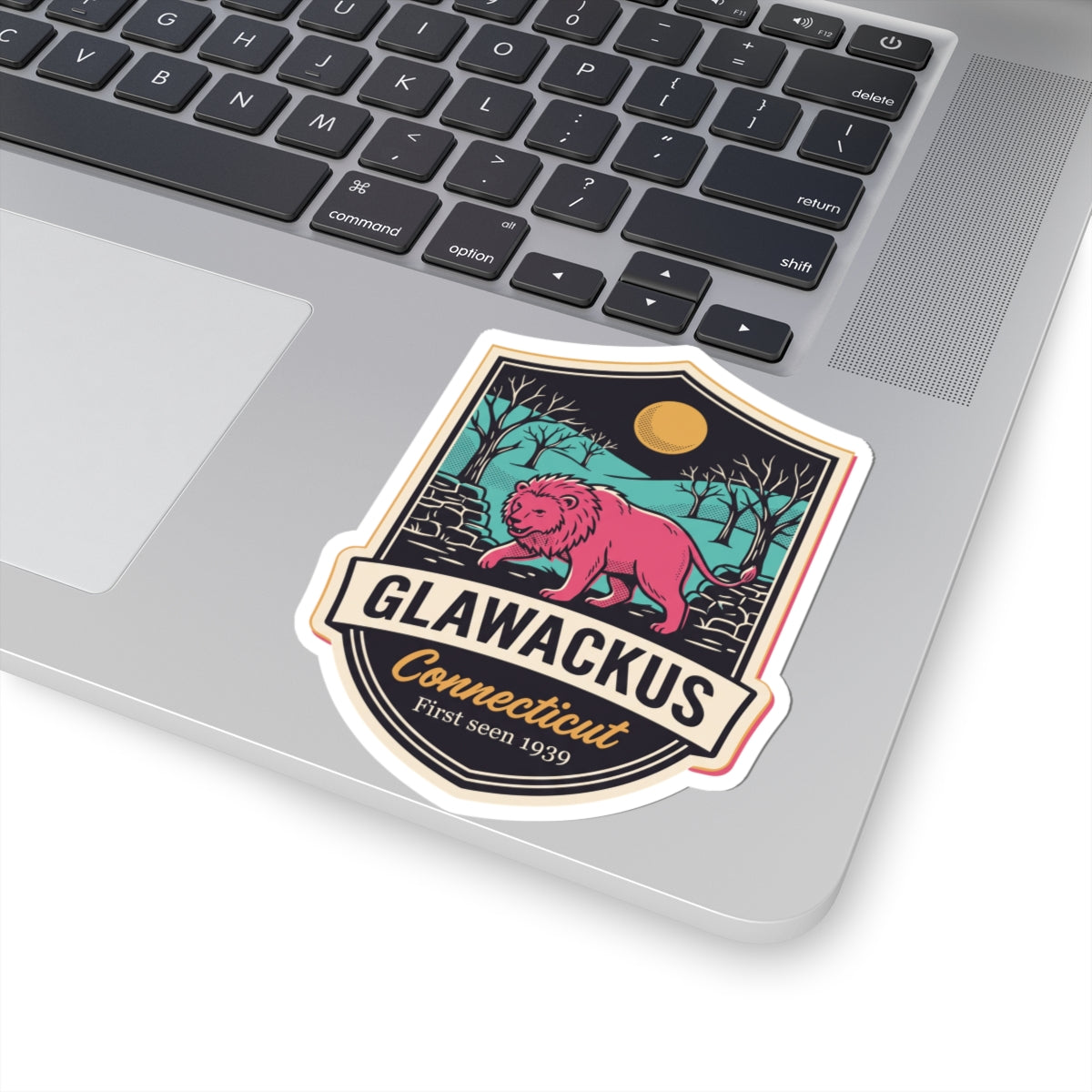 Lion patch sticker with pink beast walking and "GLAWACKUS Connecticut"