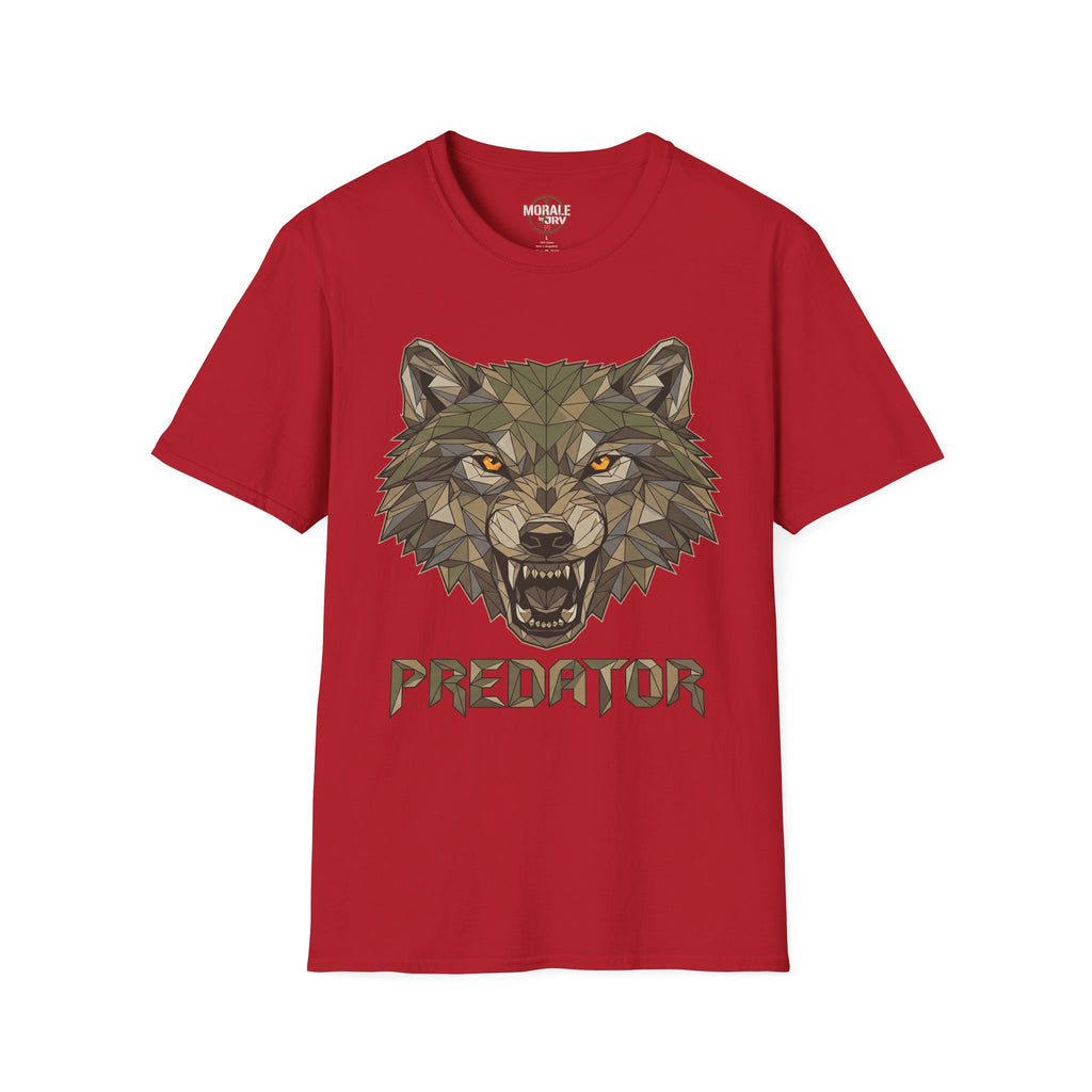 Geometrischer Wolfkopf Predator T‑Shirt, kirschrot, Frontdruck mit Wolfgesicht & Schriftzug
