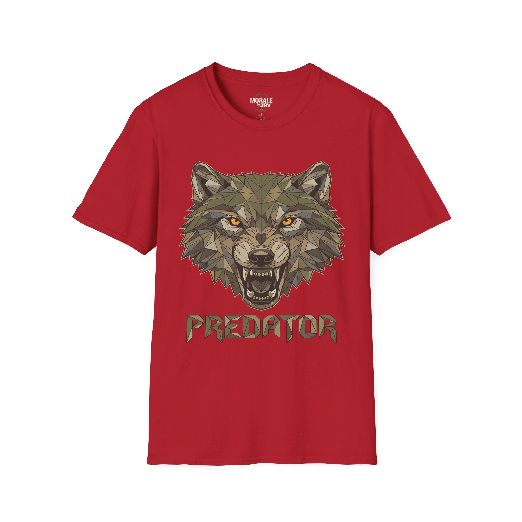 Geometrischer Wolfkopf Predator T‑Shirt, kirschrot, Frontdruck mit Wolfgesicht & Schriftzug