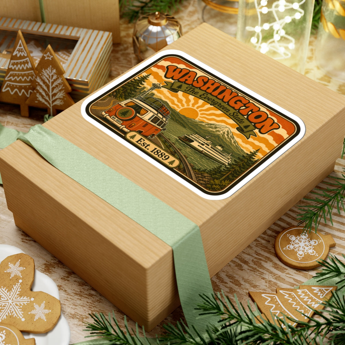 Kiss-cut Washington vintage sticker on gift box, rounded white border with bus and scenic hills