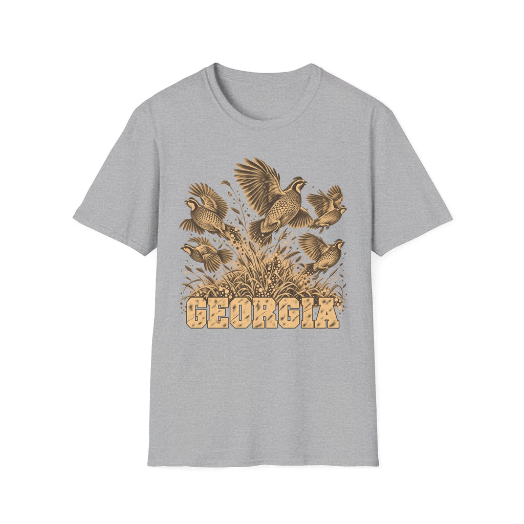 Light gray crew-neck t-shirt with tall-grass bird graphic and GEORGIA text
